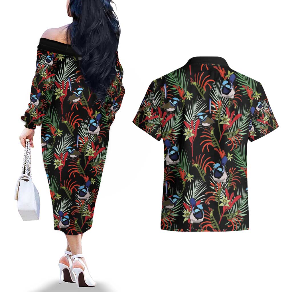 Australia Kangaroo Paw And Splendid Fairy-wren Couples Matching Off The Shoulder Long Sleeve Dress and Hawaiian Shirt Sameless Style
