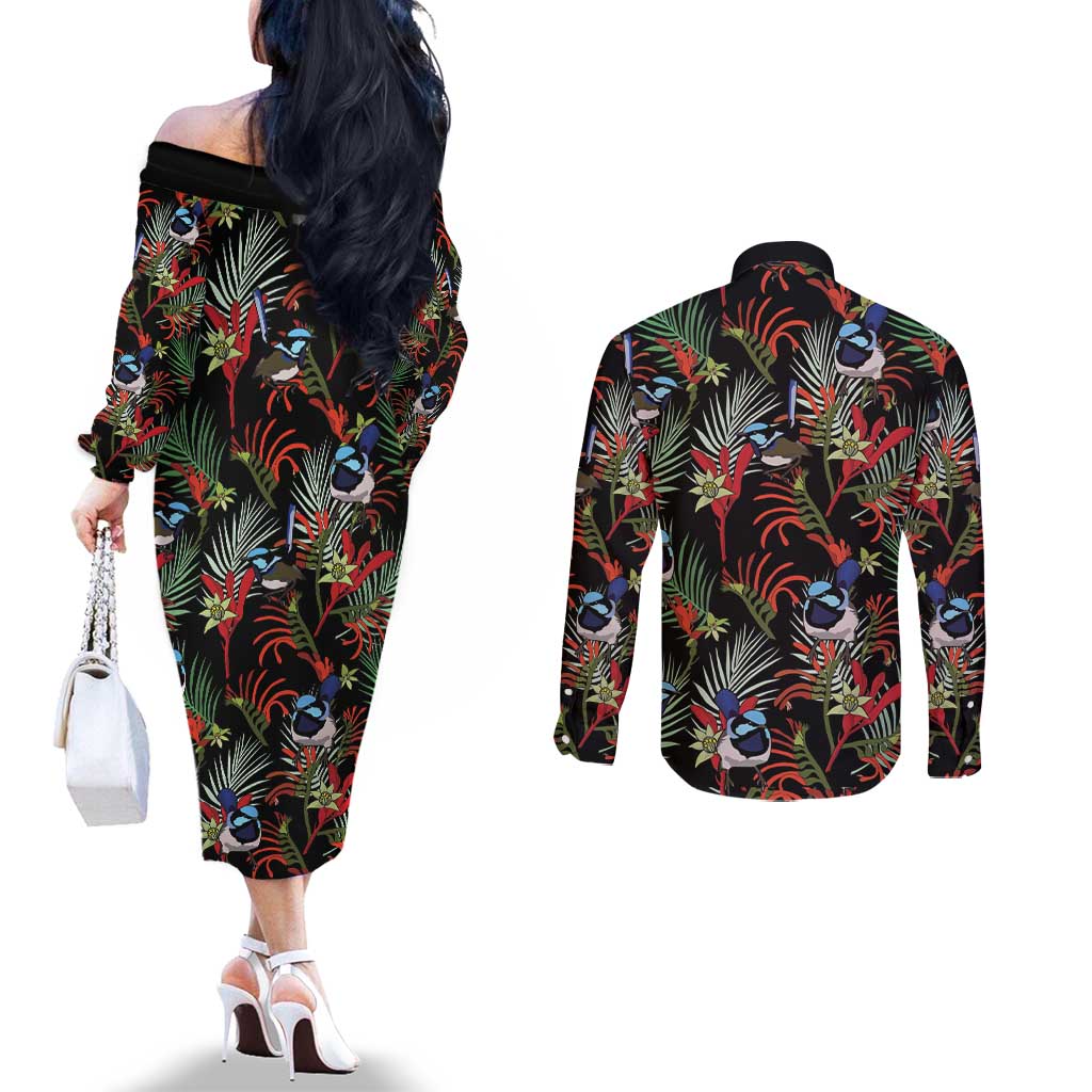 Australia Kangaroo Paw And Splendid Fairy-wren Couples Matching Off The Shoulder Long Sleeve Dress and Long Sleeve Button Shirt Sameless Style