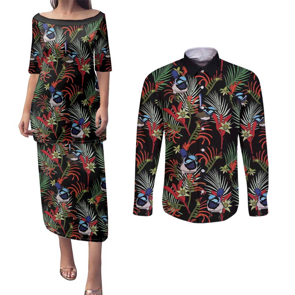 Australia Kangaroo Paw And Splendid Fairy-wren Couples Matching Puletasi and Long Sleeve Button Shirt Sameless Style