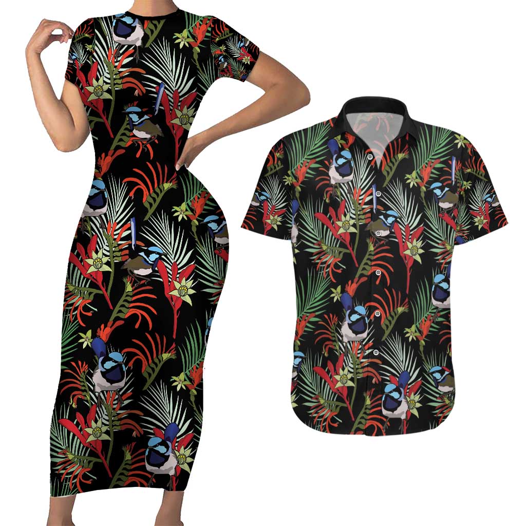 Australia Kangaroo Paw And Splendid Fairy-wren Couples Matching Short Sleeve Bodycon Dress and Hawaiian Shirt Sameless Style