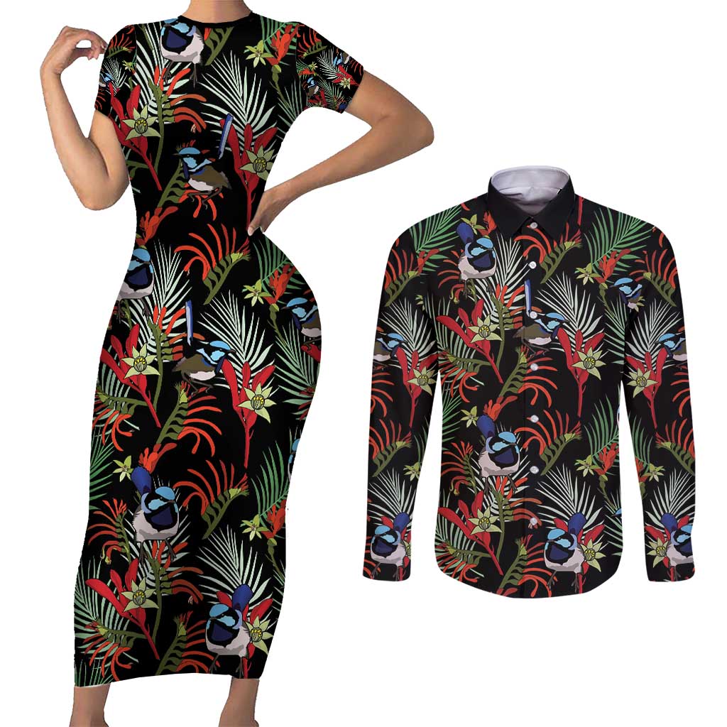 Australia Kangaroo Paw And Splendid Fairy-wren Couples Matching Short Sleeve Bodycon Dress and Long Sleeve Button Shirt Sameless Style