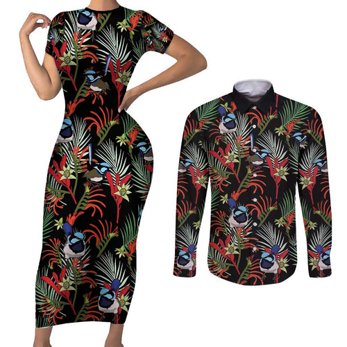 Australia Kangaroo Paw And Splendid Fairy-wren Couples Matching Short Sleeve Bodycon Dress and Long Sleeve Button Shirt Sameless Style