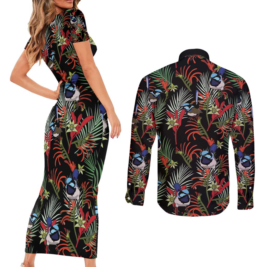 Australia Kangaroo Paw And Splendid Fairy-wren Couples Matching Short Sleeve Bodycon Dress and Long Sleeve Button Shirt Sameless Style