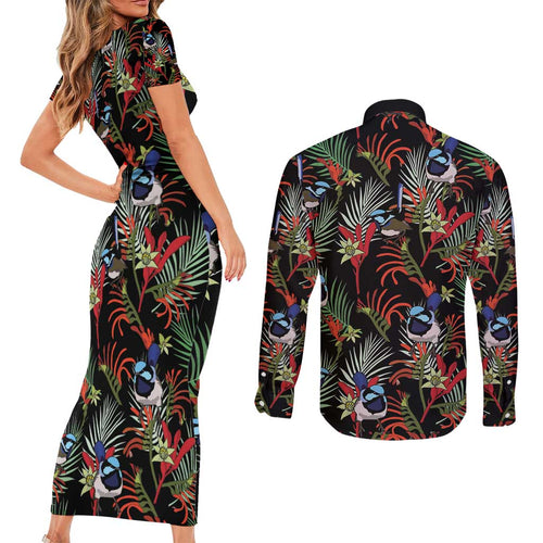 Australia Kangaroo Paw And Splendid Fairy-wren Couples Matching Short Sleeve Bodycon Dress and Long Sleeve Button Shirt Sameless Style