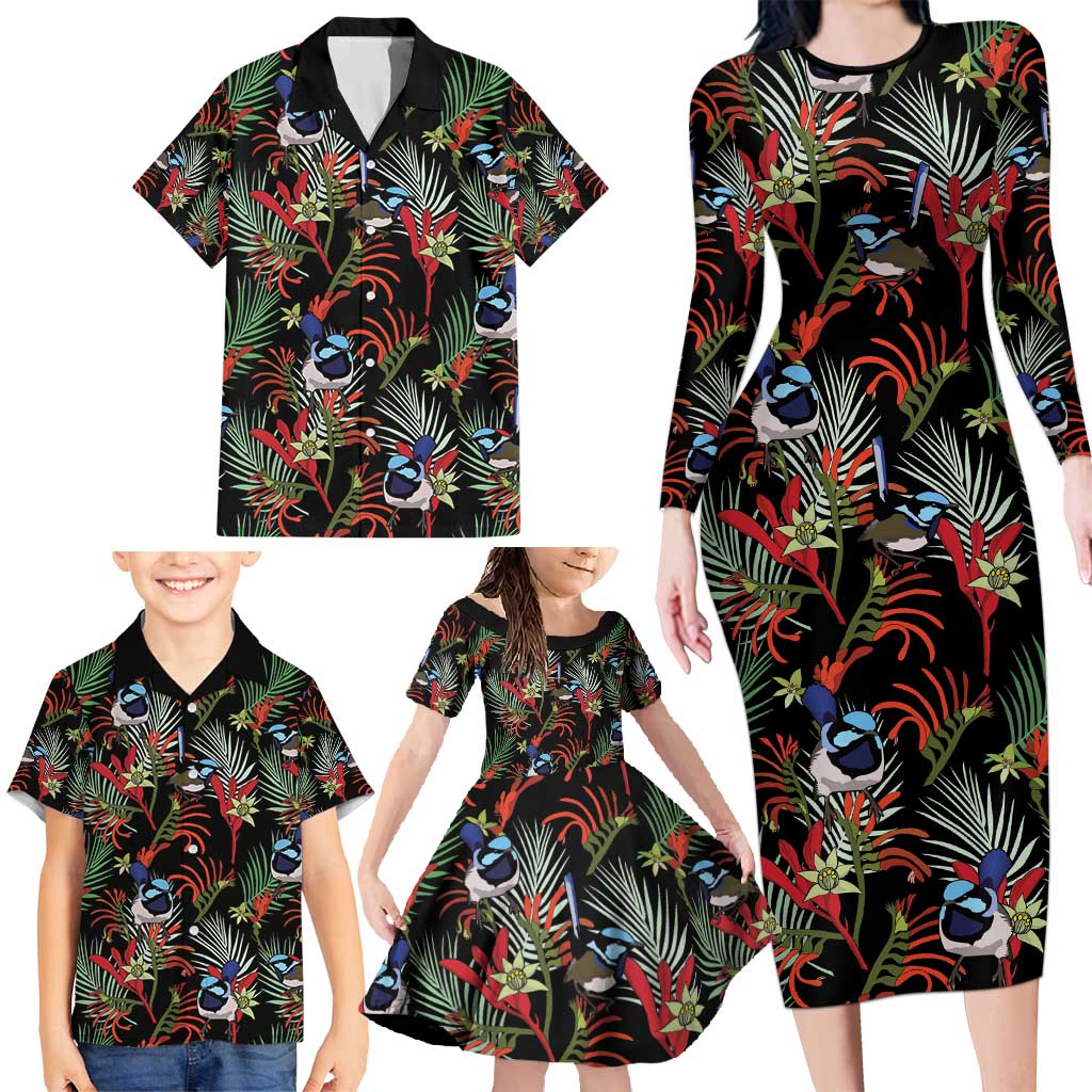 Australia Kangaroo Paw And Splendid Fairy-wren Family Matching Long Sleeve Bodycon Dress and Hawaiian Shirt Sameless Style