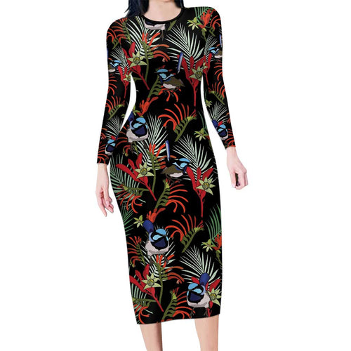Australia Kangaroo Paw And Splendid Fairy-wren Family Matching Long Sleeve Bodycon Dress and Hawaiian Shirt Sameless Style