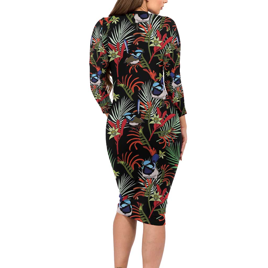 Australia Kangaroo Paw And Splendid Fairy-wren Family Matching Long Sleeve Bodycon Dress and Hawaiian Shirt Sameless Style