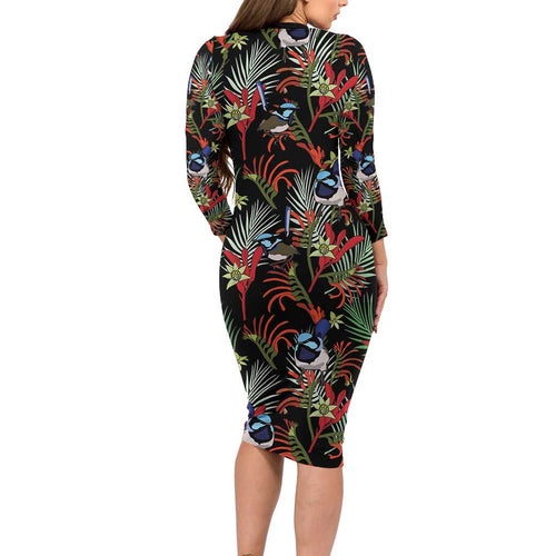 Australia Kangaroo Paw And Splendid Fairy-wren Family Matching Long Sleeve Bodycon Dress and Hawaiian Shirt Sameless Style