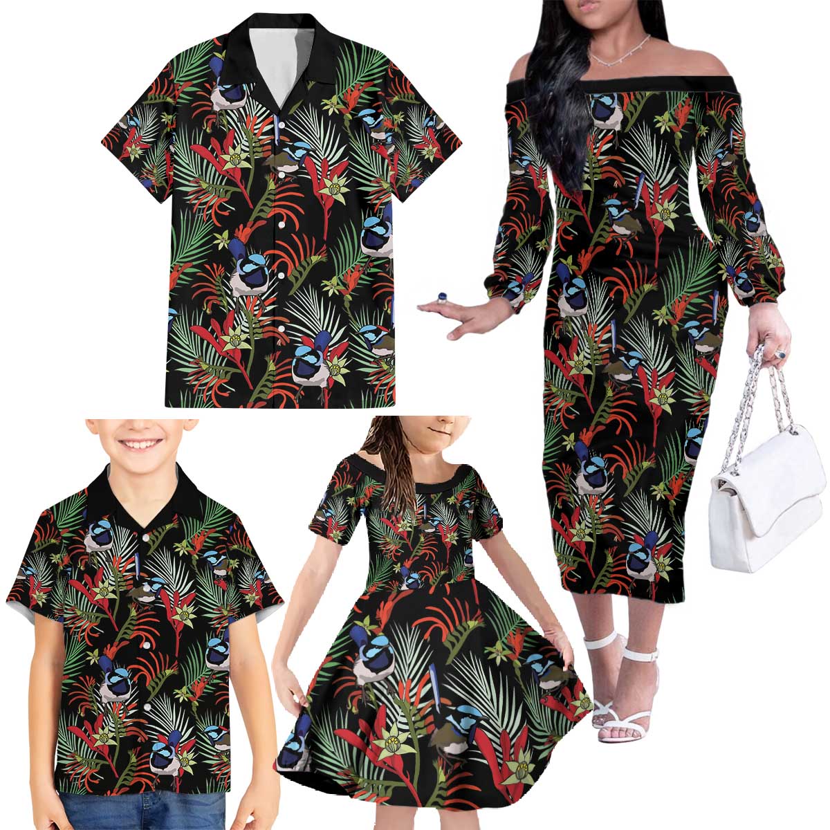 Australia Kangaroo Paw And Splendid Fairy-wren Family Matching Off The Shoulder Long Sleeve Dress and Hawaiian Shirt Sameless Style