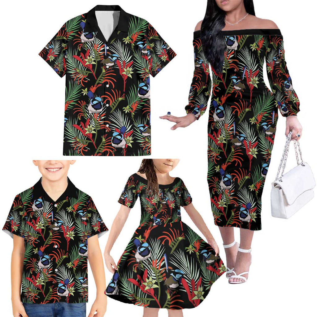 Australia Kangaroo Paw And Splendid Fairy-wren Family Matching Off The Shoulder Long Sleeve Dress and Hawaiian Shirt Sameless Style