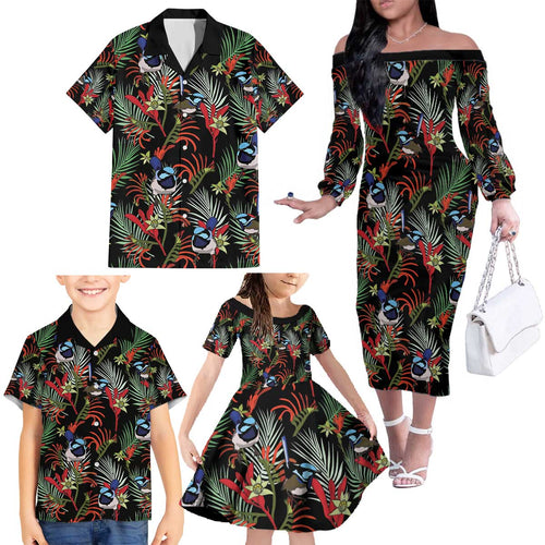 Australia Kangaroo Paw And Splendid Fairy-wren Family Matching Off The Shoulder Long Sleeve Dress and Hawaiian Shirt Sameless Style