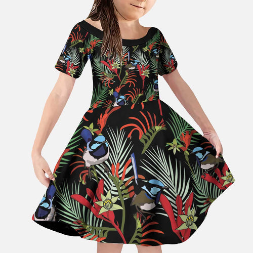 Australia Kangaroo Paw And Splendid Fairy-wren Family Matching Off The Shoulder Long Sleeve Dress and Hawaiian Shirt Sameless Style