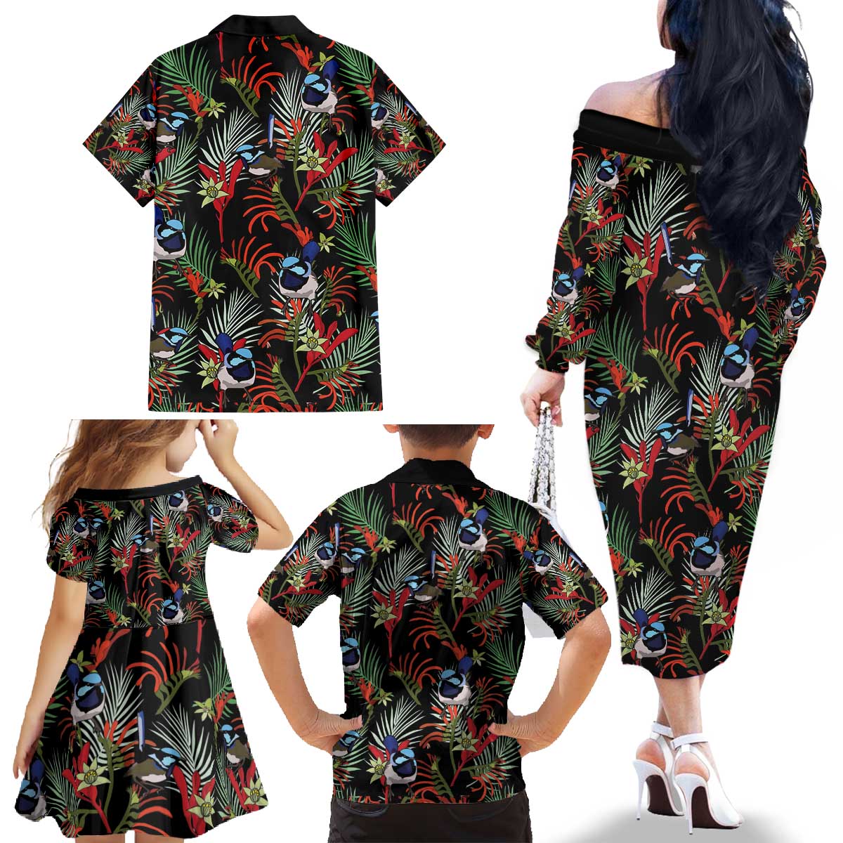 Australia Kangaroo Paw And Splendid Fairy-wren Family Matching Off The Shoulder Long Sleeve Dress and Hawaiian Shirt Sameless Style