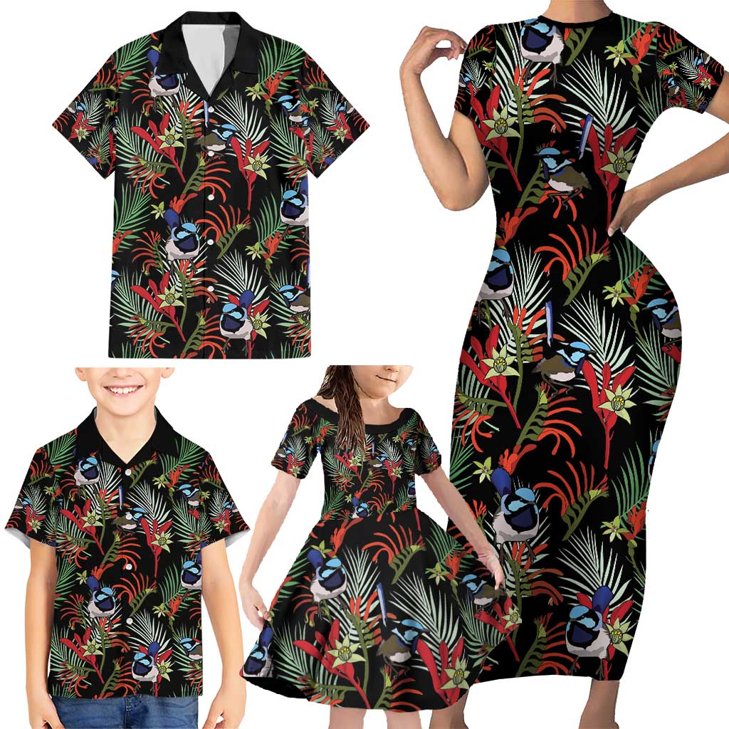Australia Kangaroo Paw And Splendid Fairy-wren Family Matching Short Sleeve Bodycon Dress and Hawaiian Shirt Sameless Style