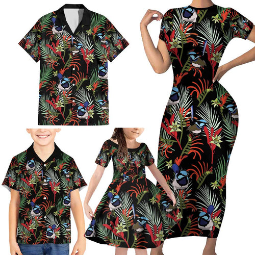 Australia Kangaroo Paw And Splendid Fairy-wren Family Matching Short Sleeve Bodycon Dress and Hawaiian Shirt Sameless Style