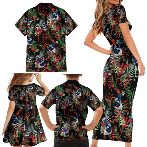 Australia Kangaroo Paw And Splendid Fairy-wren Family Matching Short Sleeve Bodycon Dress and Hawaiian Shirt Sameless Style