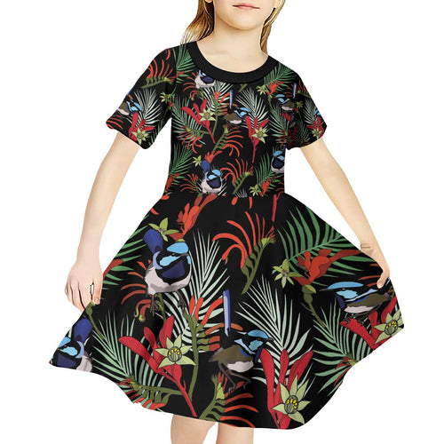 Australia Kangaroo Paw And Splendid Fairy-wren Kid Short Sleeve Dress Sameless Style