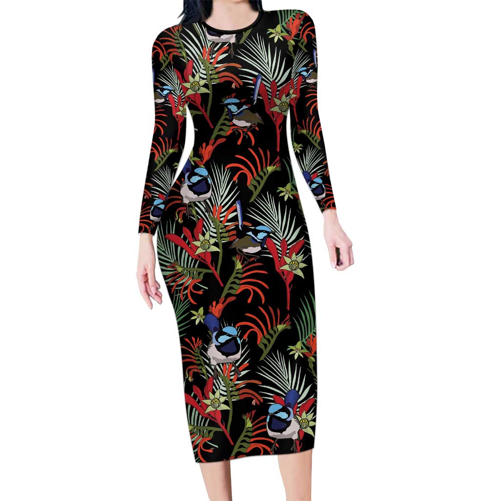 Australia Kangaroo Paw And Splendid Fairy-wren Long Sleeve Bodycon Dress Sameless Style
