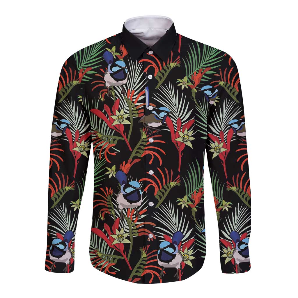 Australia Kangaroo Paw And Splendid Fairy-wren Long Sleeve Button Shirt Sameless Style