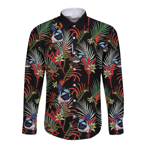 Australia Kangaroo Paw And Splendid Fairy-wren Long Sleeve Button Shirt Sameless Style