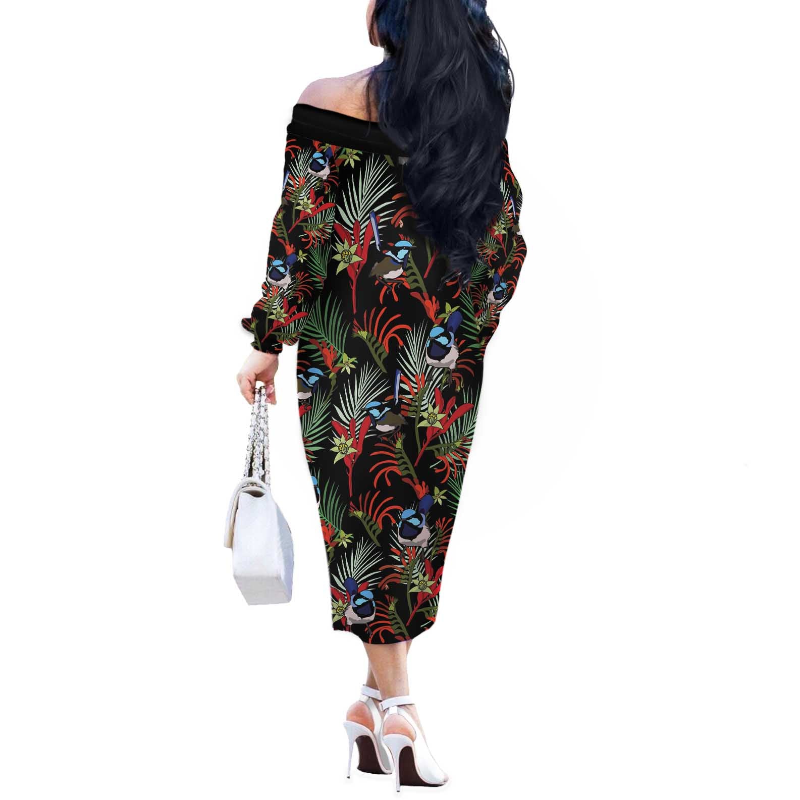 Australia Kangaroo Paw And Splendid Fairy-wren Off The Shoulder Long Sleeve Dress Sameless Style