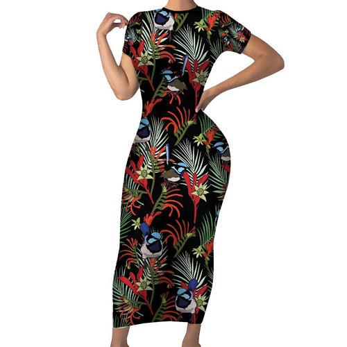 Australia Kangaroo Paw And Splendid Fairy-wren Short Sleeve Bodycon Dress Sameless Style