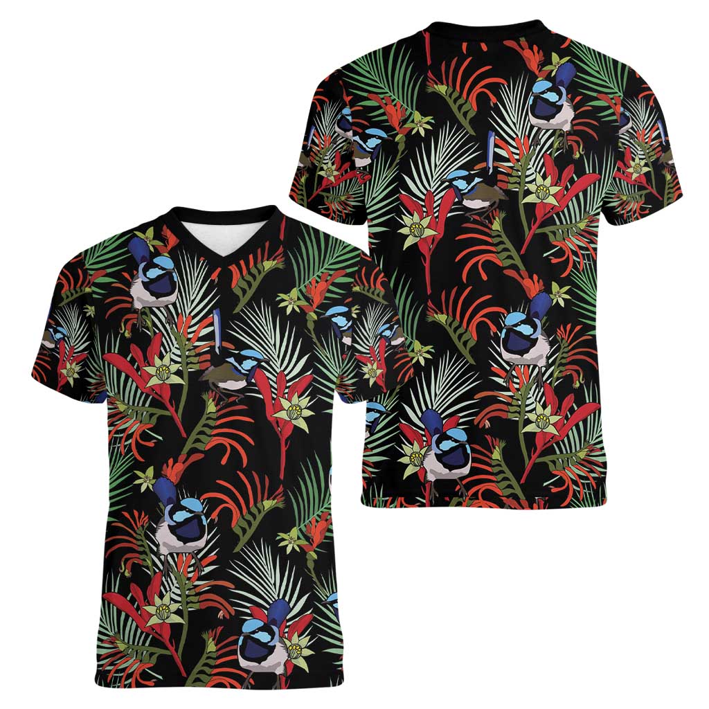 Australia Kangaroo Paw And Splendid Fairy-wren Women V-Neck T-Shirt Sameless Style