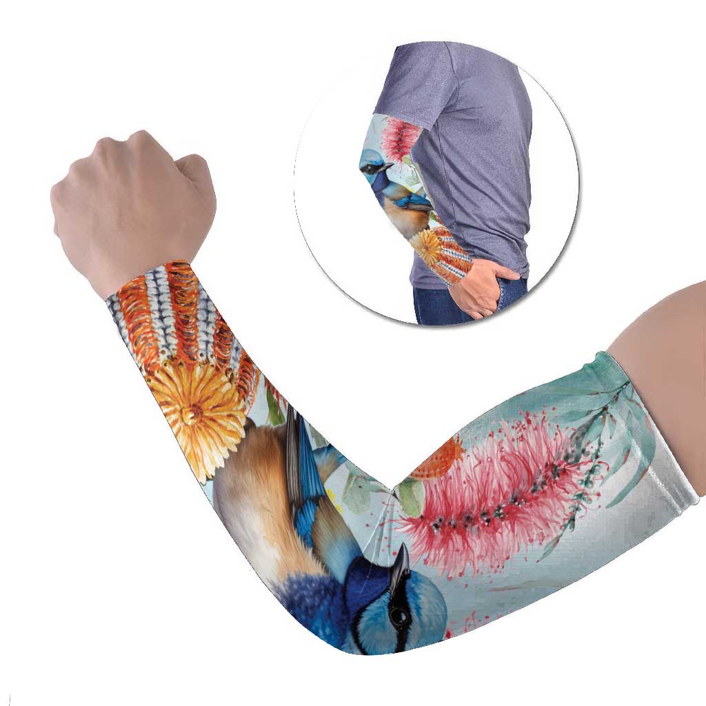 Splendid Fairy-wren Australia Arm Sleeves Aussie National Flowers - Watercolor Style - Aussie Hoodie