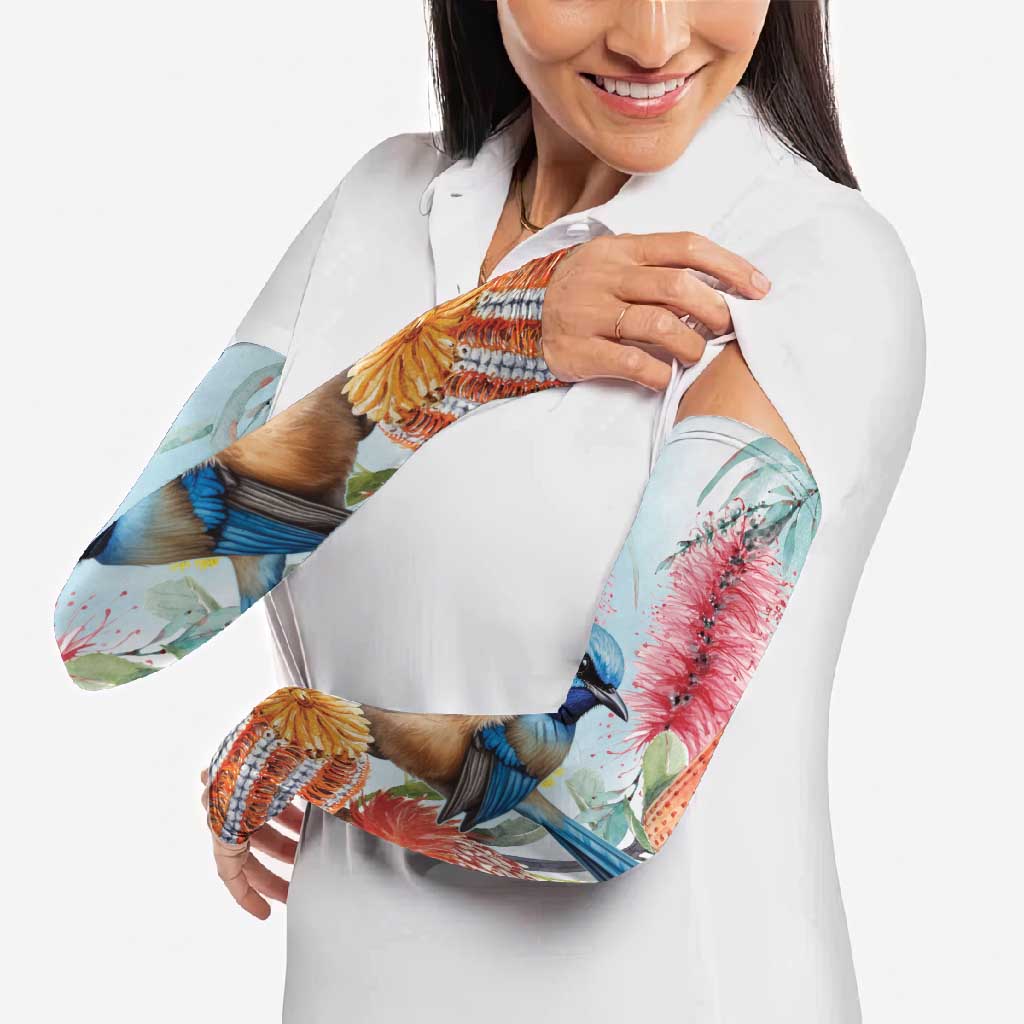 Splendid Fairy-wren Australia Arm Sleeves Aussie National Flowers - Watercolor Style - Aussie Hoodie