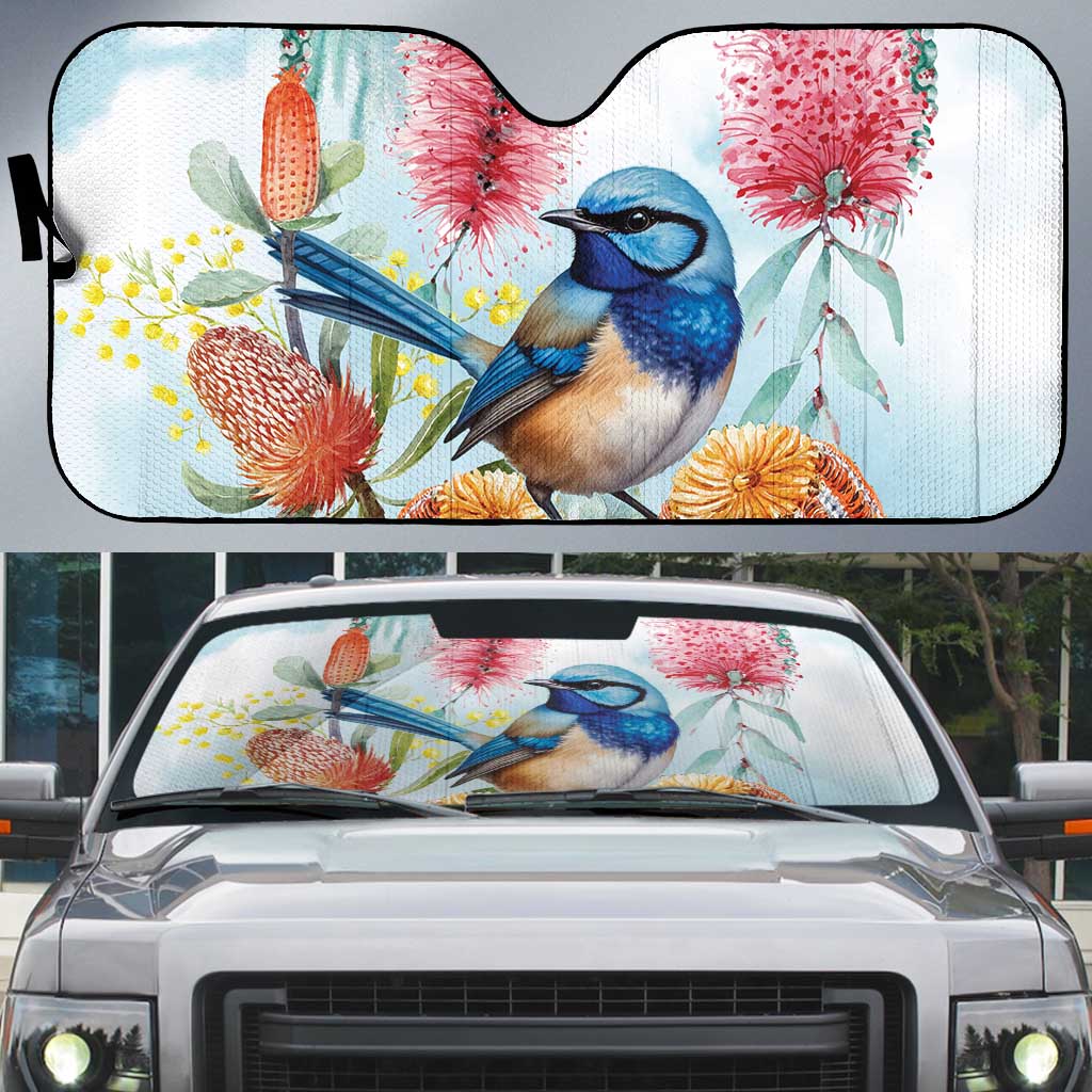 Splendid Fairy-wren Australia Auto Sun Shade Aussie National Flowers - Watercolor Style - Aussie Hoodie