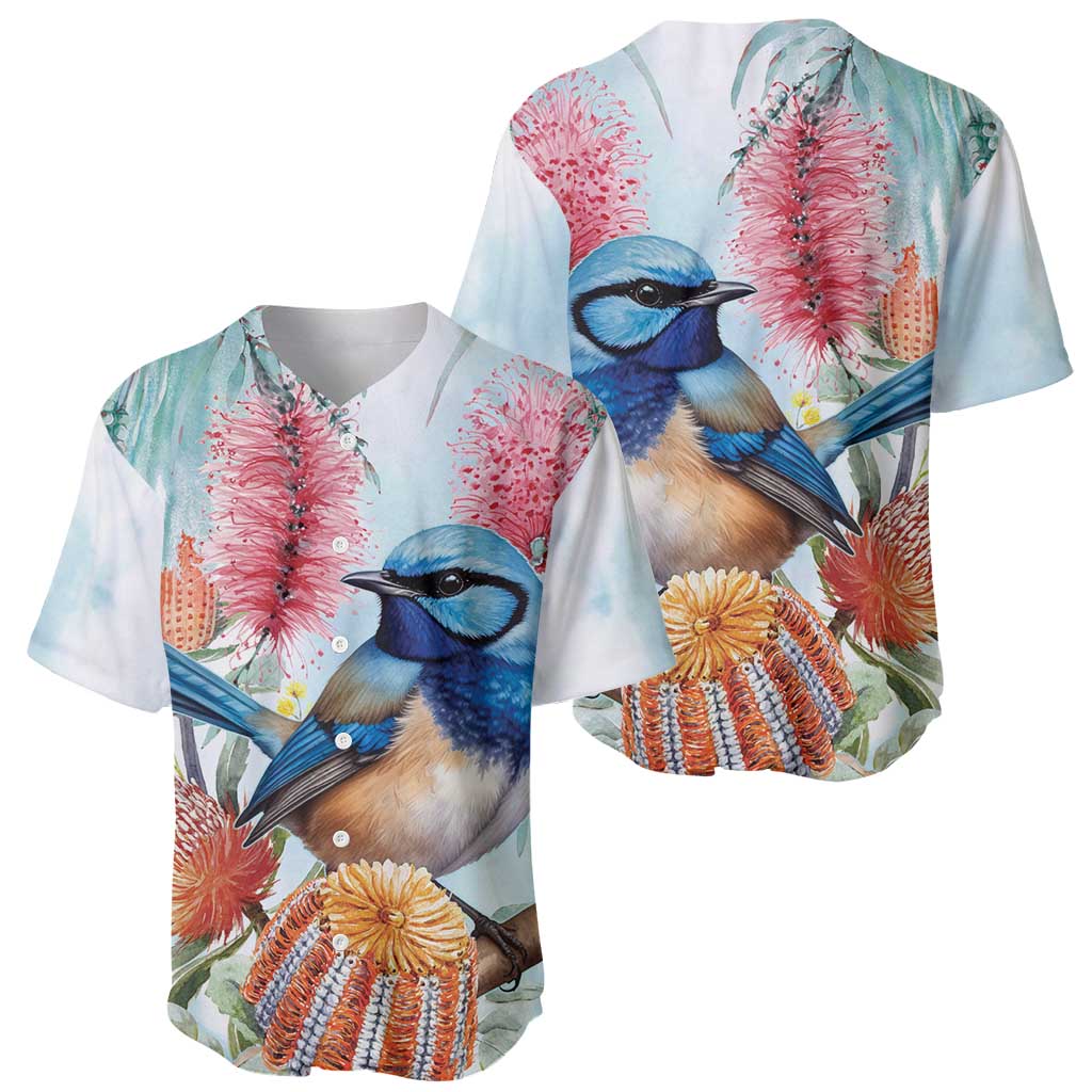Splendid Fairy-wren Australia Baseball Jersey Aussie National Flowers - Watercolor Style