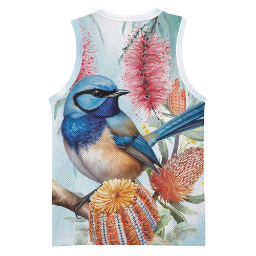 Splendid Fairy-wren Australia Basketball Jersey Aussie National Flowers - Watercolor Style - Aussie Hoodie