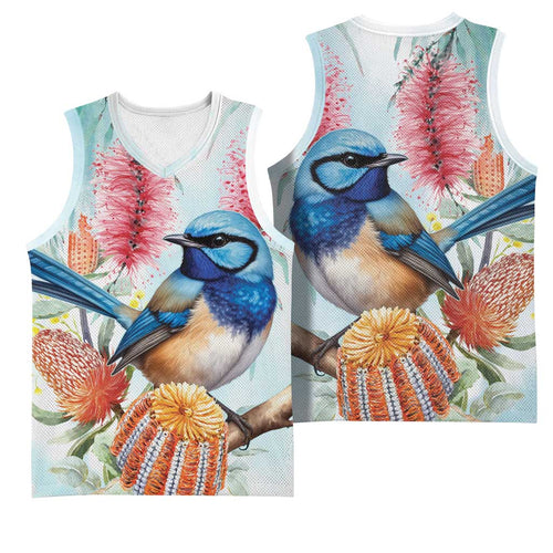 Splendid Fairy-wren Australia Basketball Jersey Aussie National Flowers - Watercolor Style - Aussie Hoodie