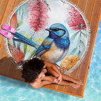 Splendid Fairy-wren Australia Beach Blanket Aussie National Flowers - Watercolor Style
