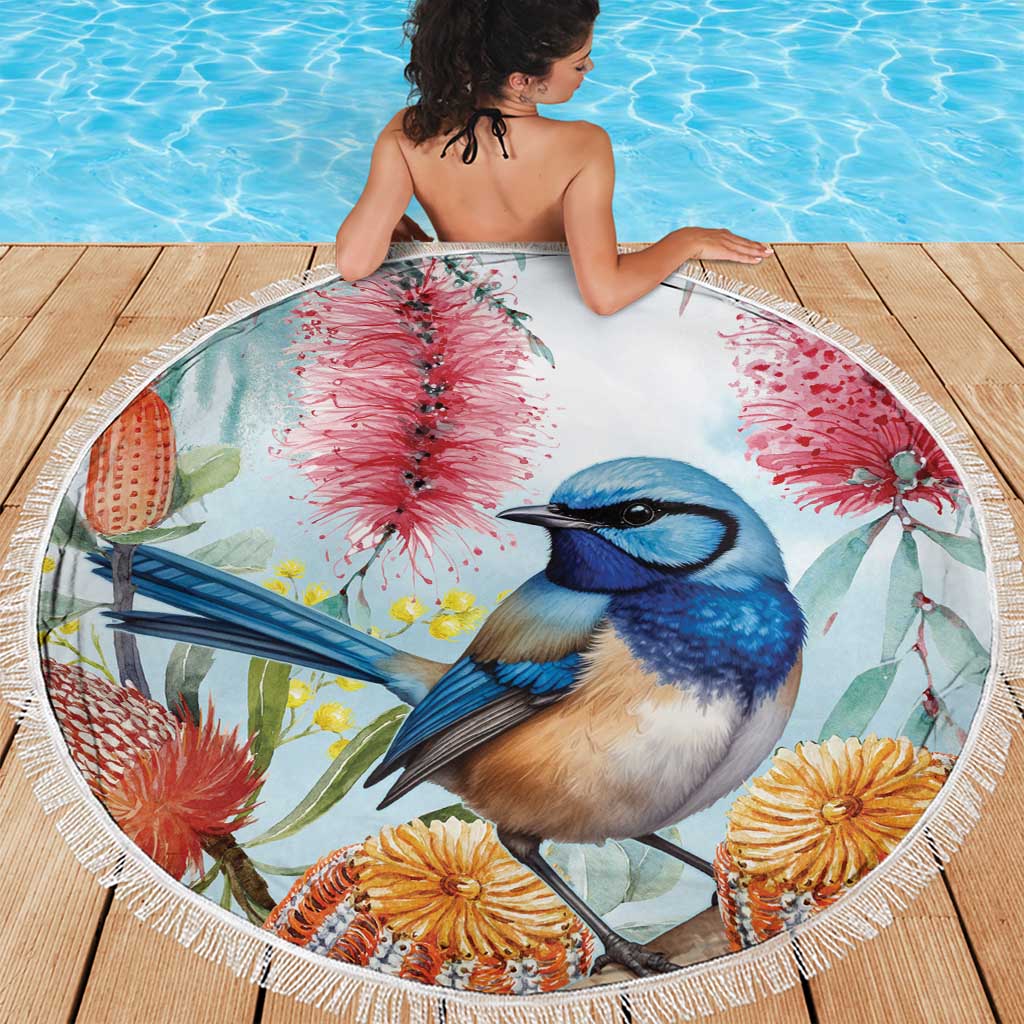 Splendid Fairy-wren Australia Beach Blanket Aussie National Flowers - Watercolor Style