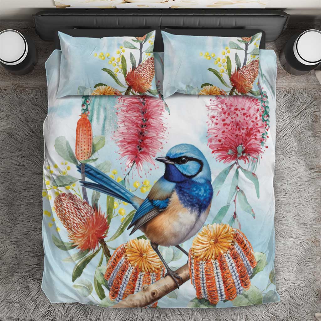 Splendid Fairy-wren Australia Bedding Set Aussie National Flowers - Watercolor Style