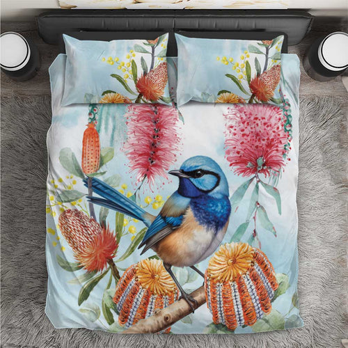 Splendid Fairy-wren Australia Bedding Set Aussie National Flowers - Watercolor Style
