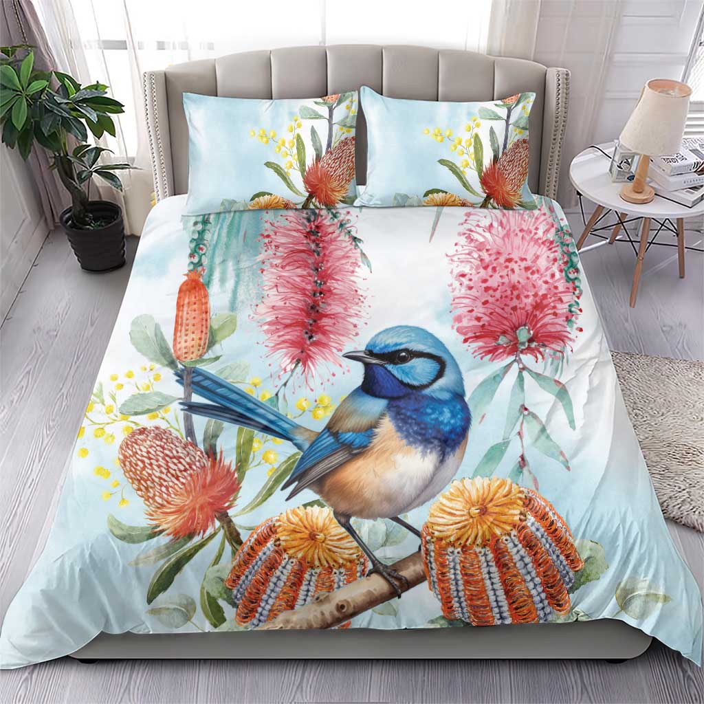 Splendid Fairy-wren Australia Bedding Set Aussie National Flowers - Watercolor Style