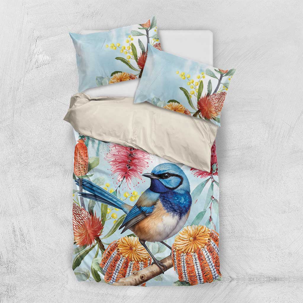 Splendid Fairy-wren Australia Bedding Set Aussie National Flowers - Watercolor Style