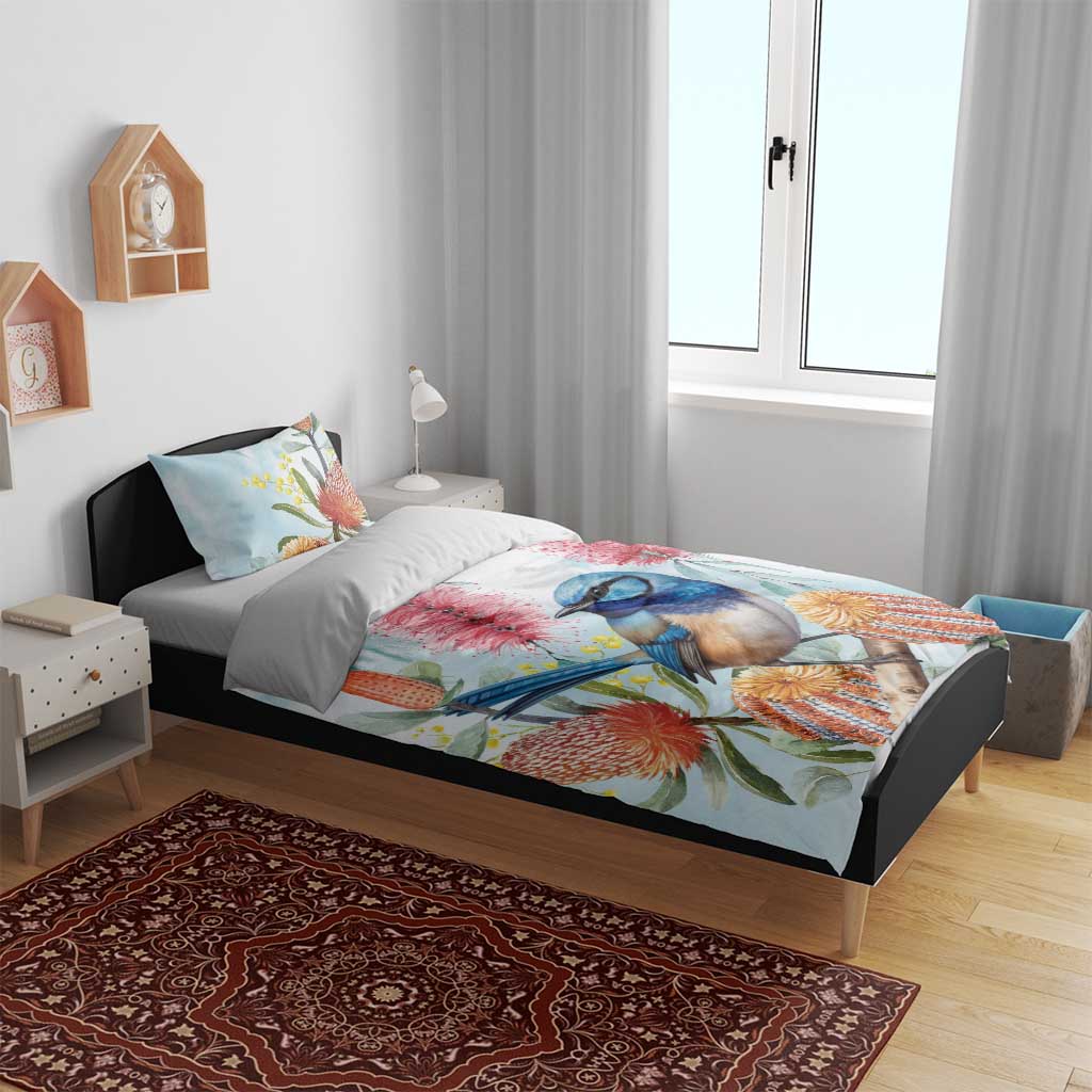 Splendid Fairy-wren Australia Bedding Set Aussie National Flowers - Watercolor Style