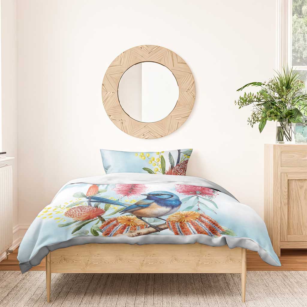 Splendid Fairy-wren Australia Bedding Set Aussie National Flowers - Watercolor Style