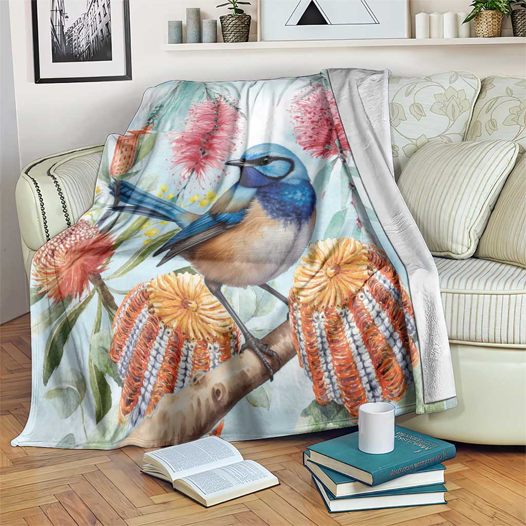 Splendid Fairy-wren Australia Blanket Aussie National Flowers - Watercolor Style