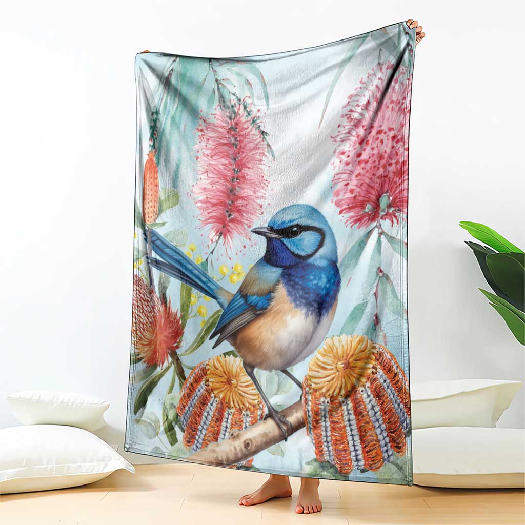 Splendid Fairy-wren Australia Blanket Aussie National Flowers - Watercolor Style
