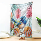 Splendid Fairy-wren Australia Blanket Aussie National Flowers - Watercolor Style