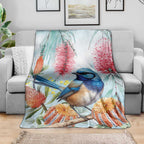 Splendid Fairy-wren Australia Blanket Aussie National Flowers - Watercolor Style