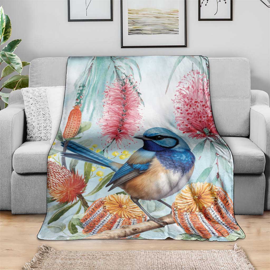 Splendid Fairy-wren Australia Blanket Aussie National Flowers - Watercolor Style
