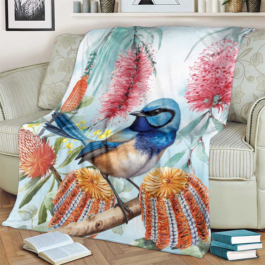 Splendid Fairy-wren Australia Blanket Aussie National Flowers - Watercolor Style