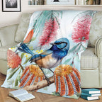 Splendid Fairy-wren Australia Blanket Aussie National Flowers - Watercolor Style