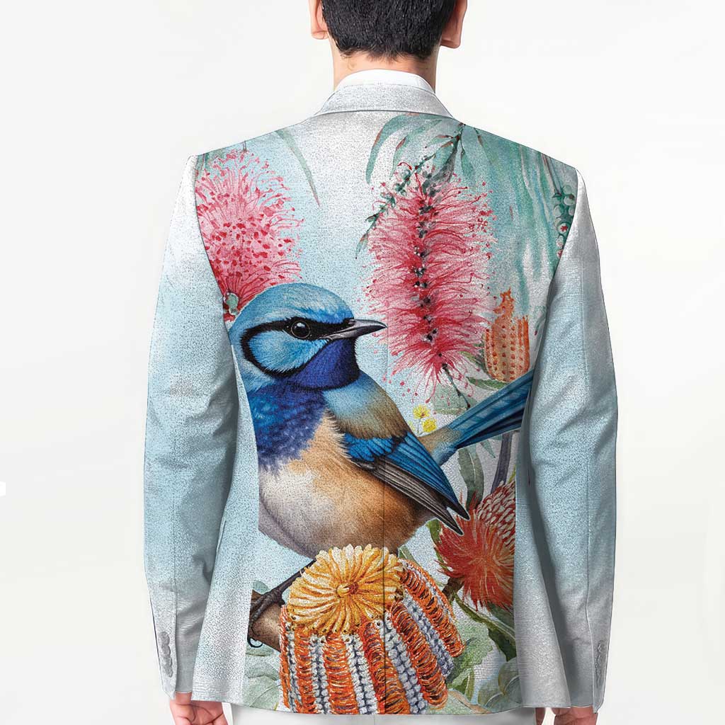 Splendid Fairy-wren Australia Blazer Aussie National Flowers - Watercolor Style - Aussie Hoodie