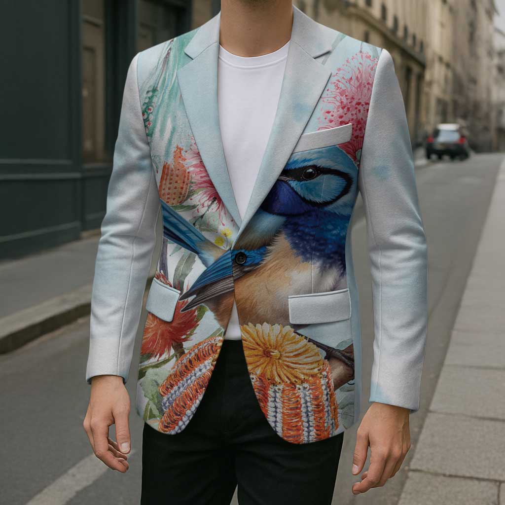 Splendid Fairy-wren Australia Blazer Aussie National Flowers - Watercolor Style - Aussie Hoodie